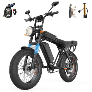 Black AAIRSK X5 electric bike pictured with a cable lock, folding multi-tool and hand pump.