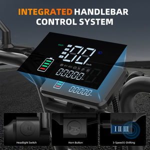 AAIRSK X5 handlebar display showing speed and battery level, with headlight, horn and riding mode controls.