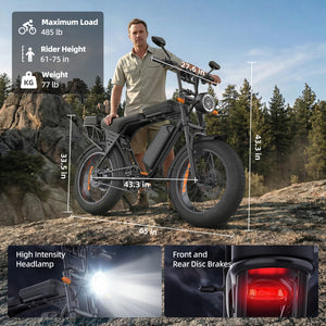 AAIRSK X5 dimension diagram with a rider for scale and close-ups of the headlight and rear light.