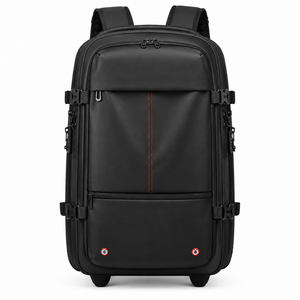 AirVault vacuum roller backpack front view showing hide-away shoulder straps and red accent stripe