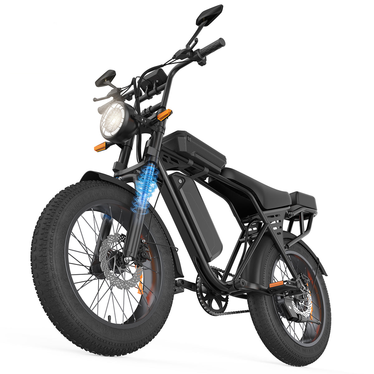 Black AAIRSK X5 fat tyre electric bike, front three-quarter view showing headlight and front suspension.