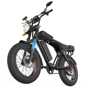 Black AAIRSK X5 fat tyre electric bike, front three-quarter view showing headlight and front suspension.