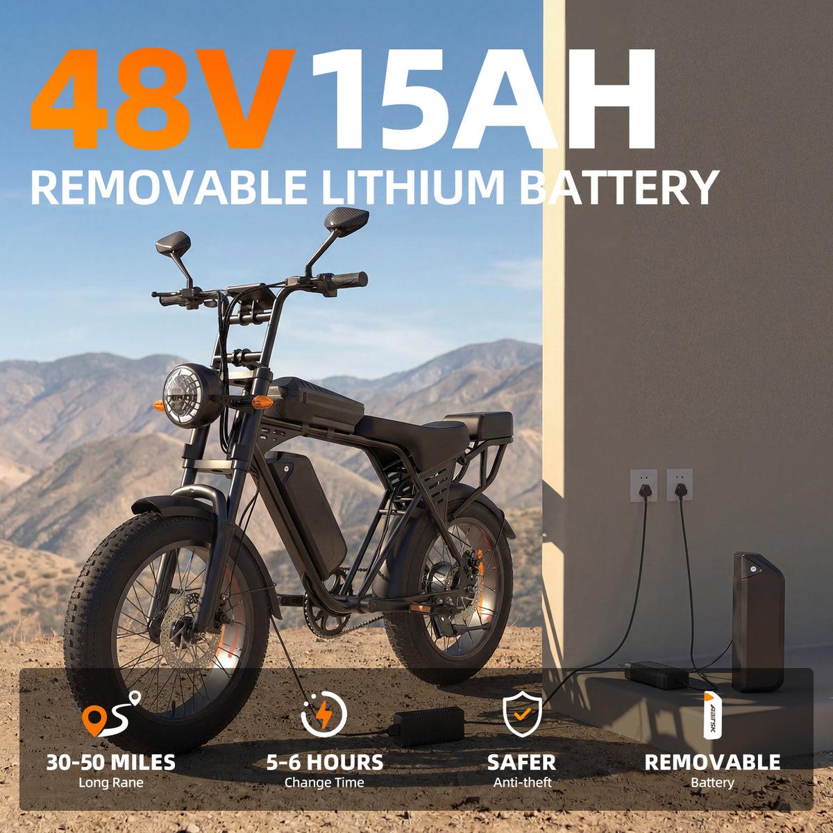AAIRSK X5 electric bike and removable 48V 15Ah lithium battery shown charging separately.