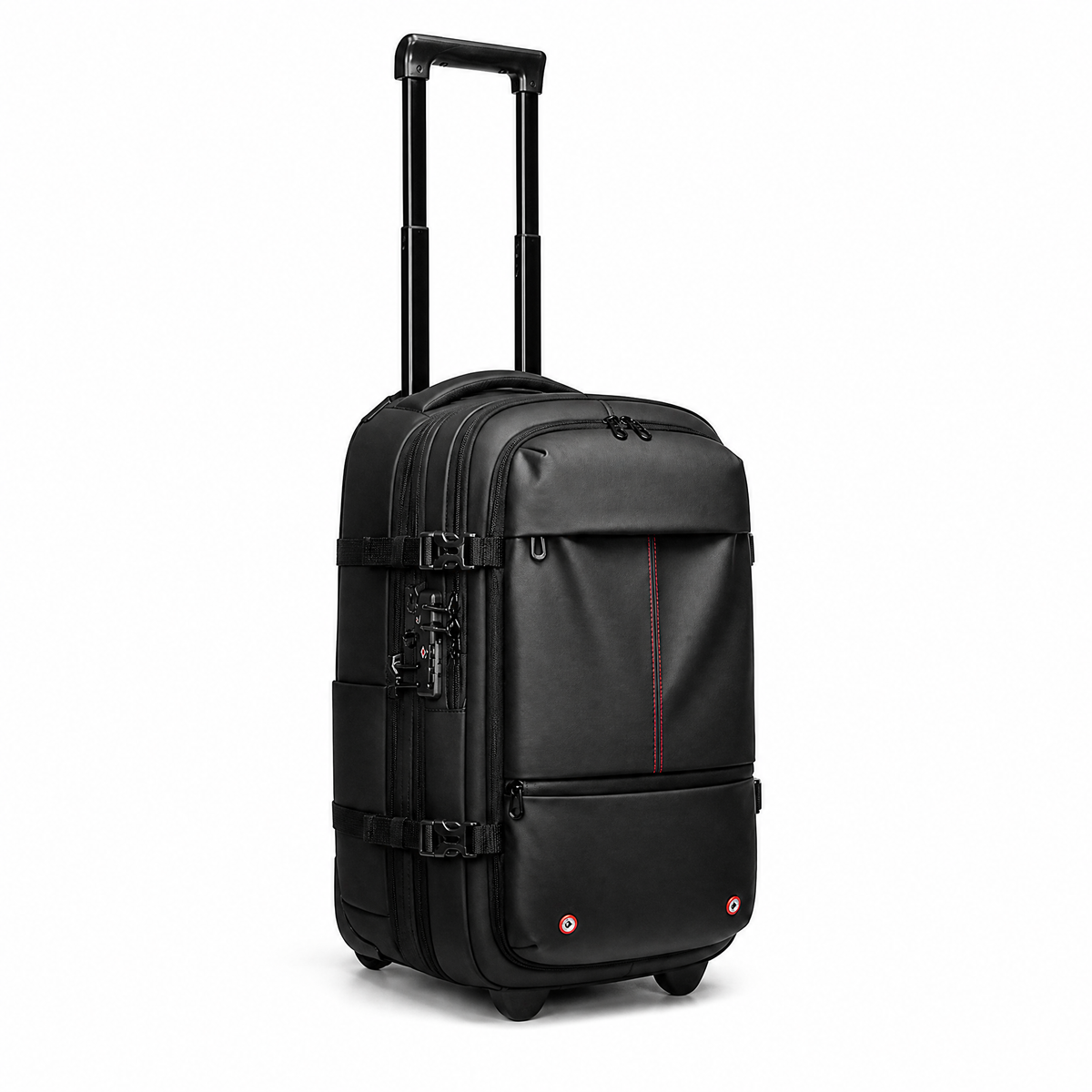 AirVault Backpack Roller Edition front-side angle with extended telescopic handle in trolley mode