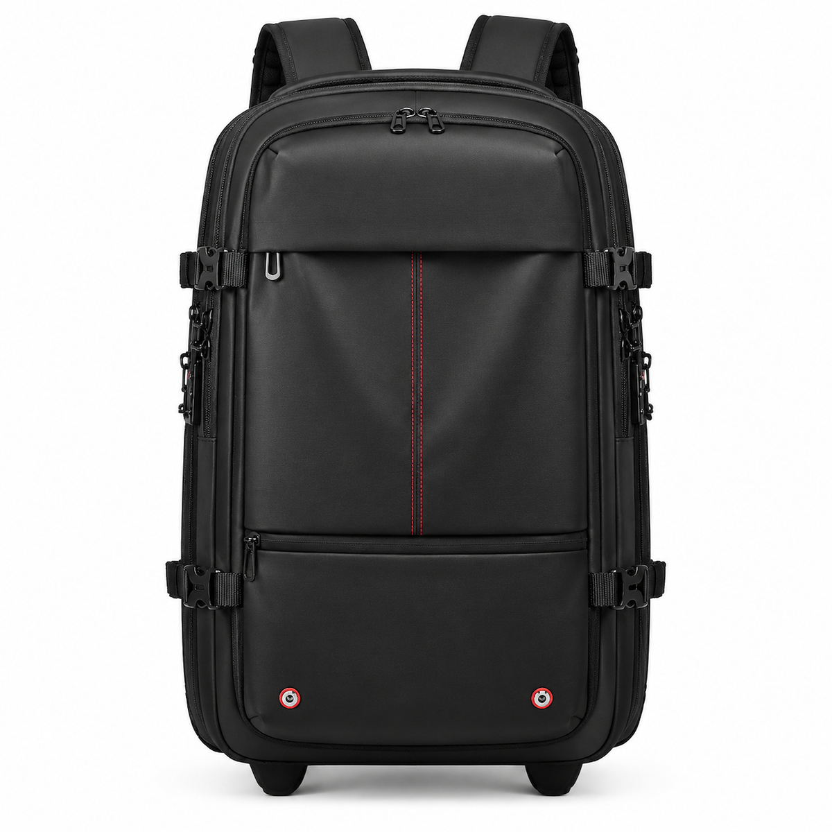 AirVault vacuum roller backpack front view showing hide-away shoulder straps and red accent stripe