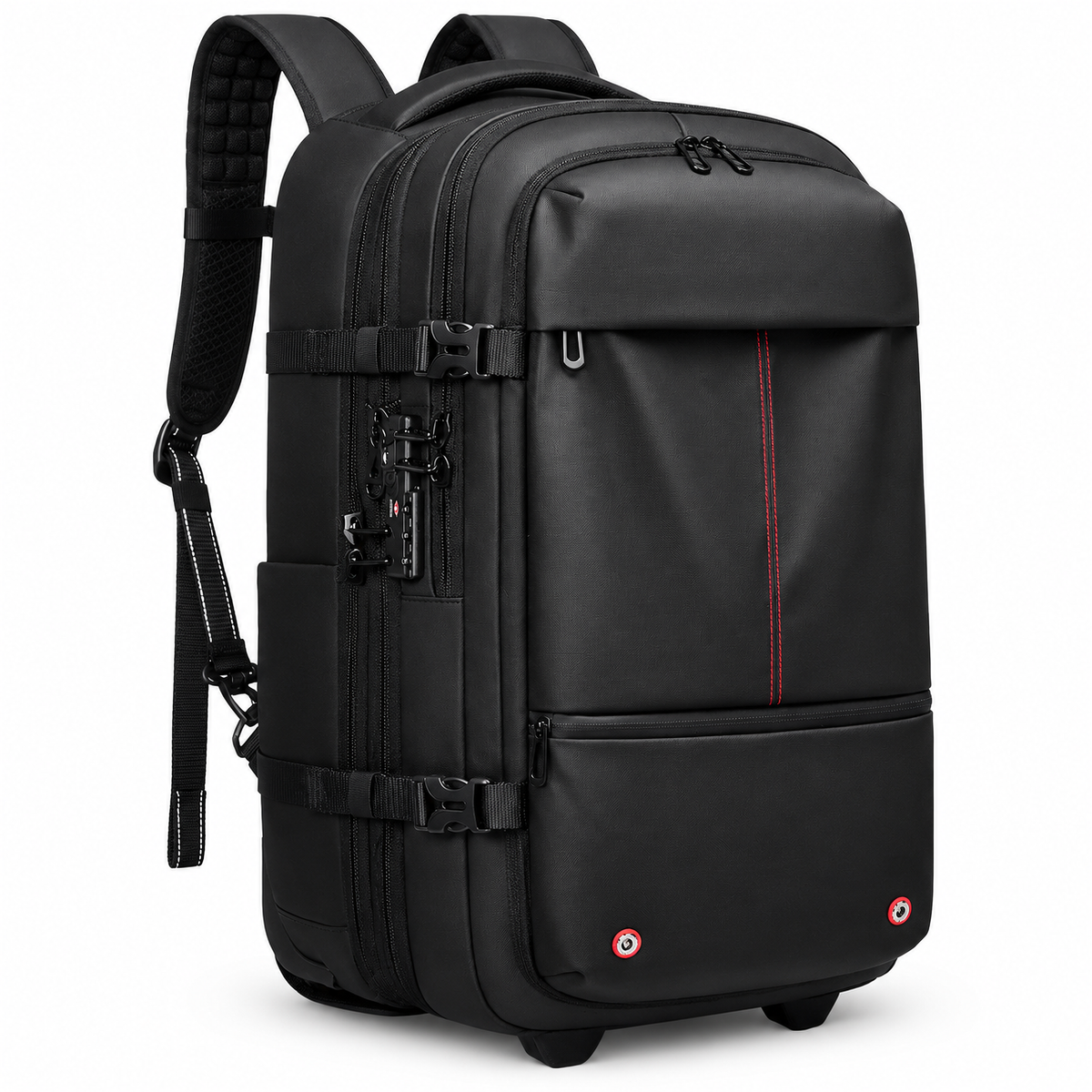 AirVault 2-in-1 rolling backpack side profile with TSA combination lock and compression buckles