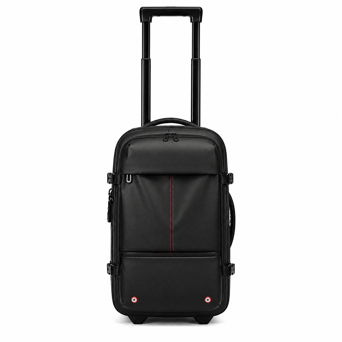 AirVault Roller Backpack upright front view with telescopic trolley handle fully extended