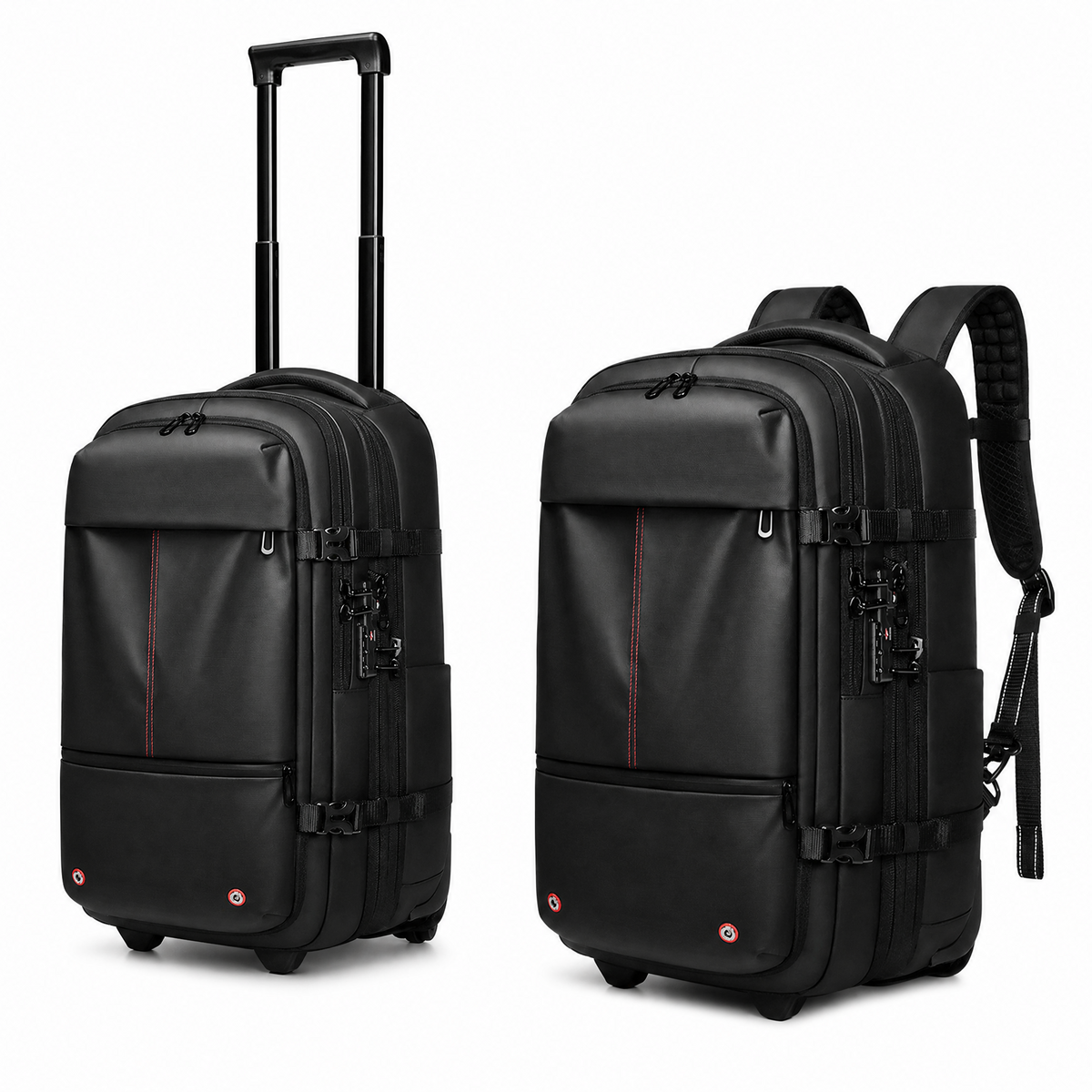 AirVault Roller Edition 2-in-1 hybrid display showing backpack mode alongside trolley luggage mode